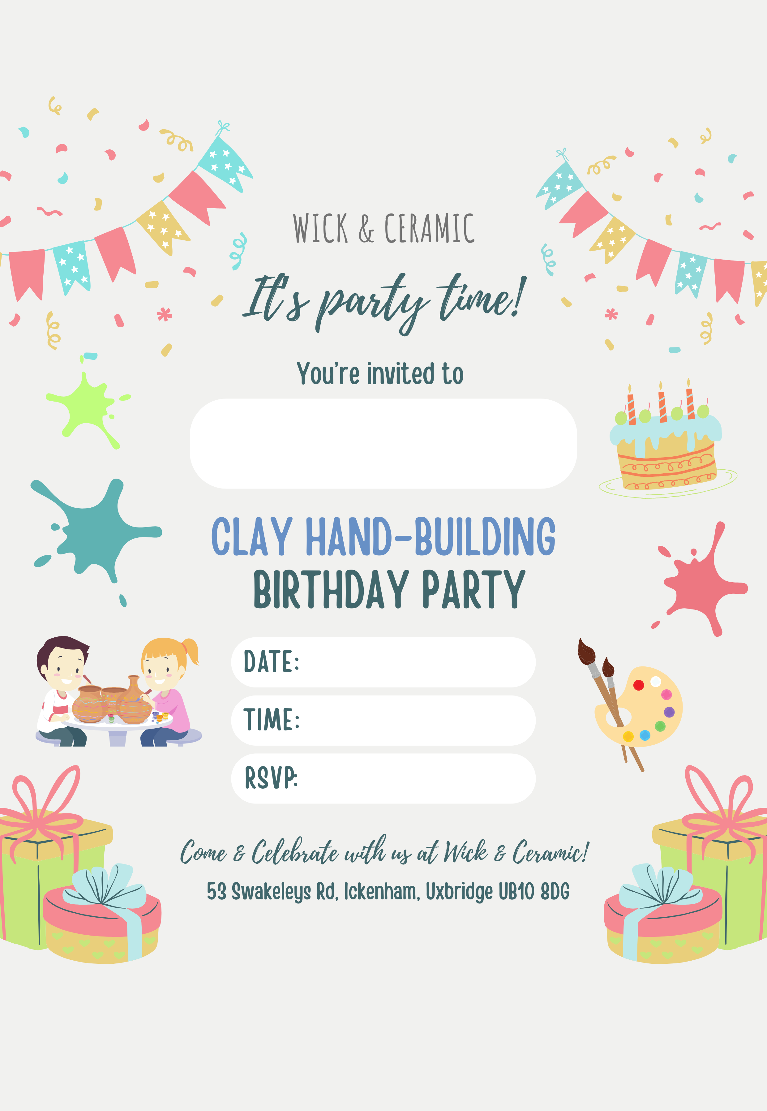 Invitation card for a clay hand-building birthday party at Wick & Ceramic with colorful decorations and text.
