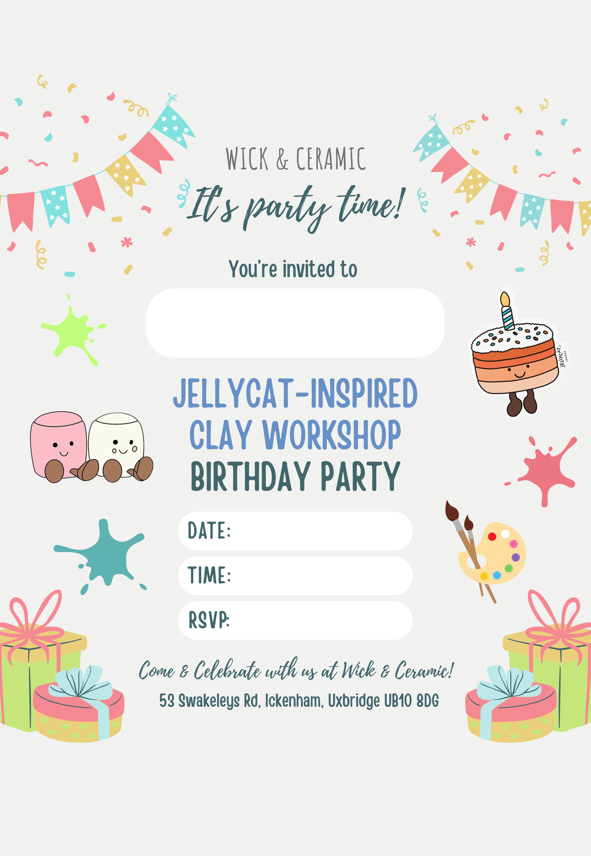 Wick & Ceramic invitation card for a Jellycat-inspired clay workshop birthday party with colorful graphics and text.