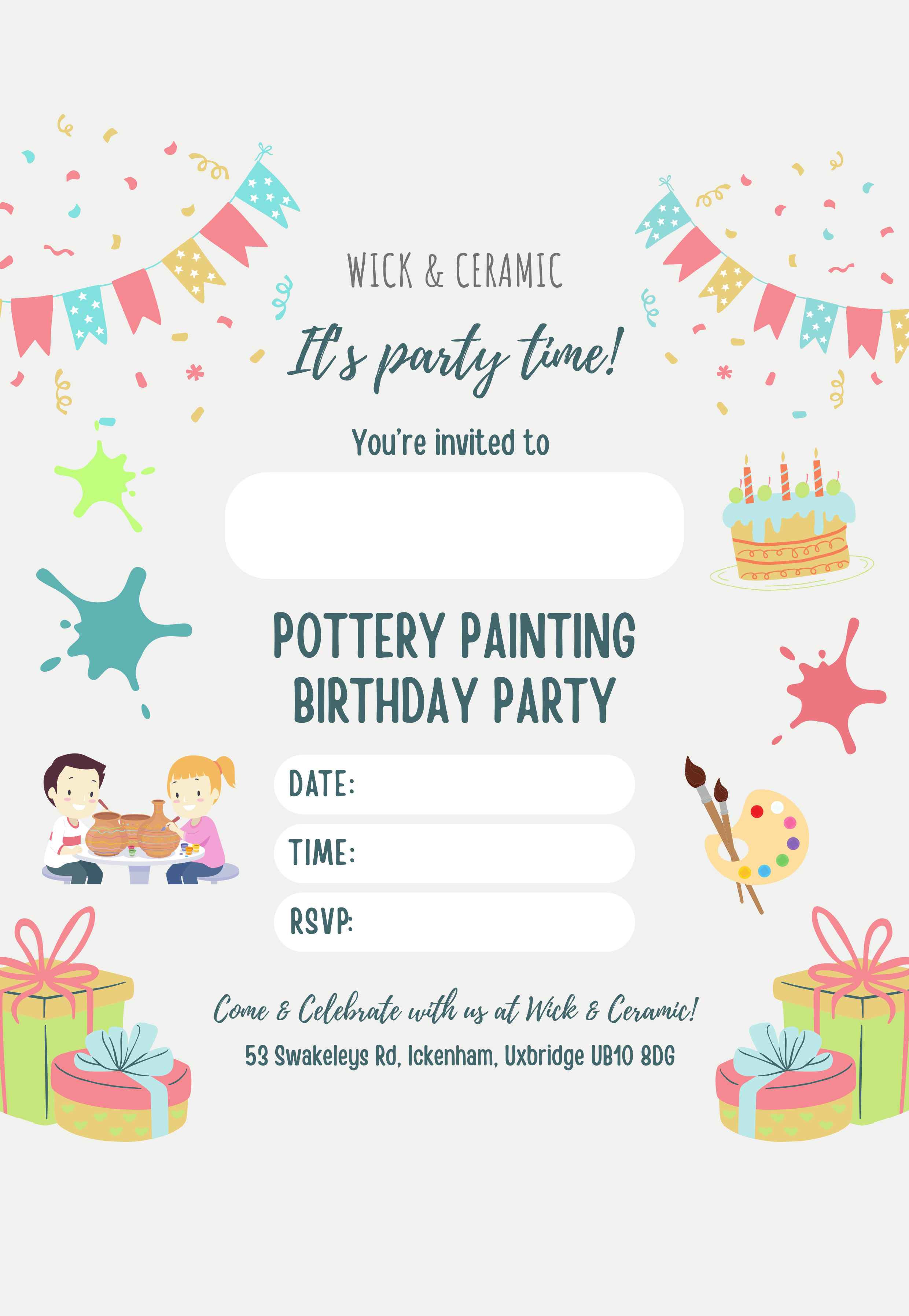 Invitation card for a pottery painting birthday party at Wick & Ceramic with colorful graphics and text.
