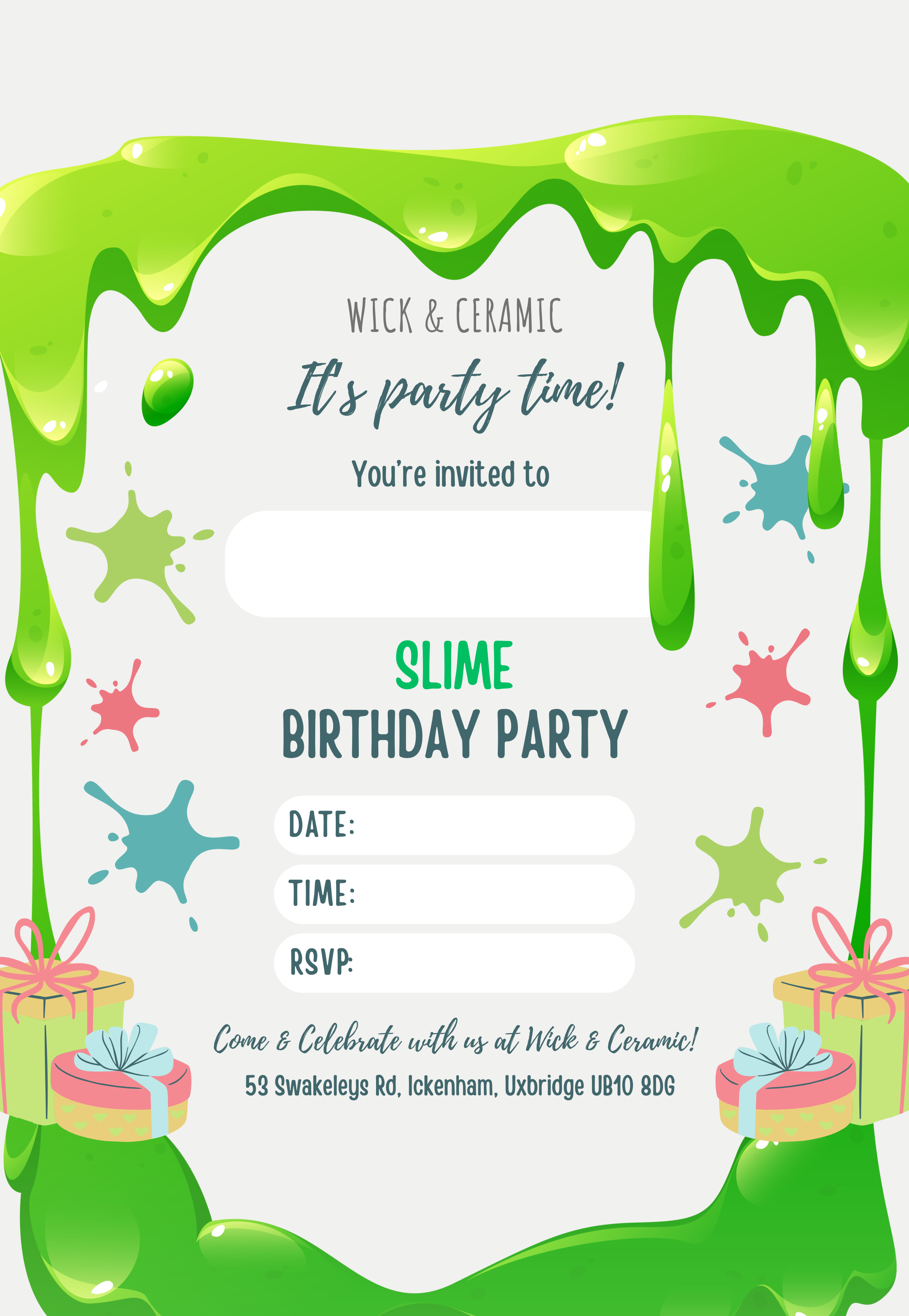 Wick & Ceramic Slime birthday party invitation with green slime design and colourful splashes.