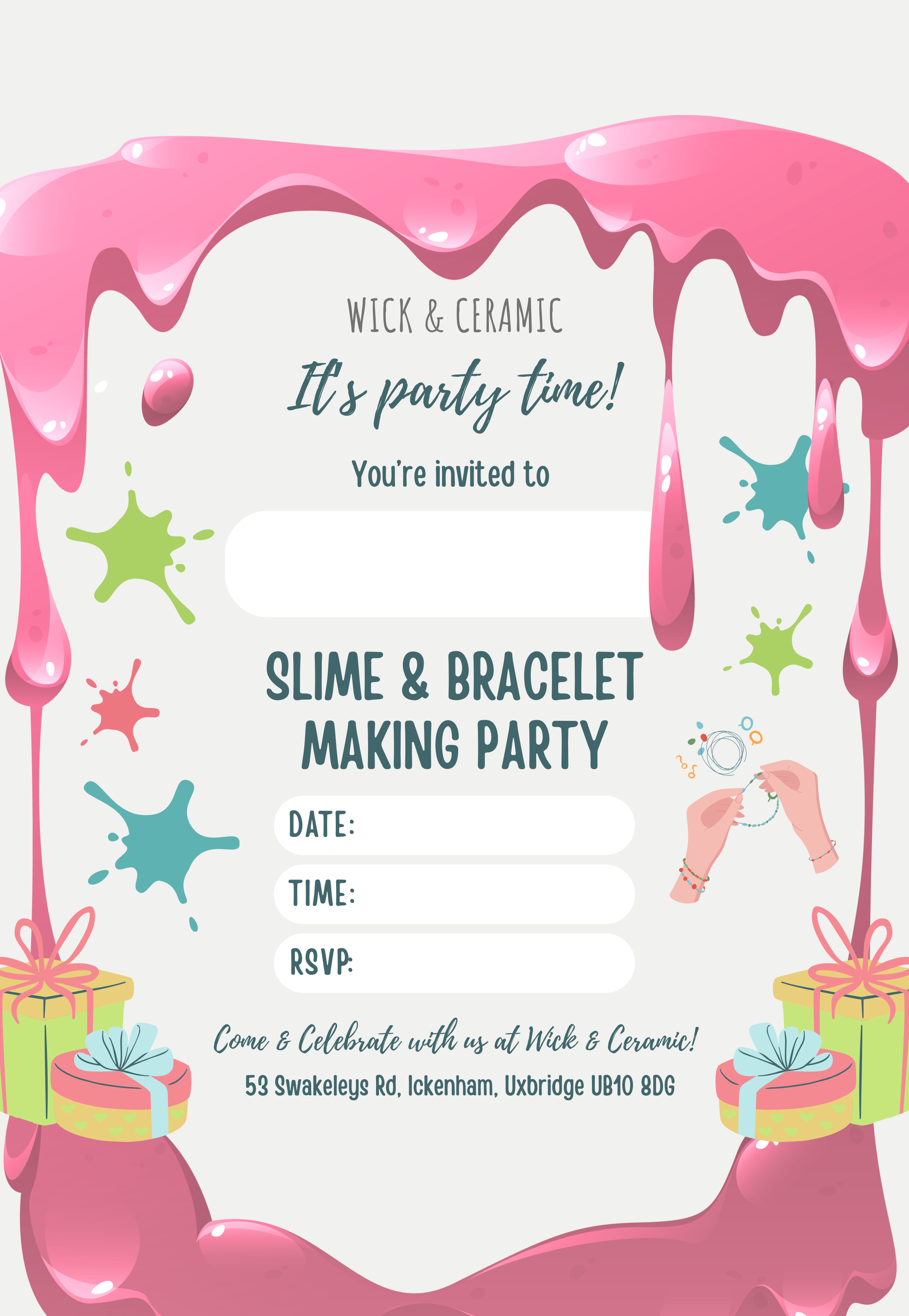 Wick & Ceramic Invitation card for a slime and bracelet making party with pink slime design.