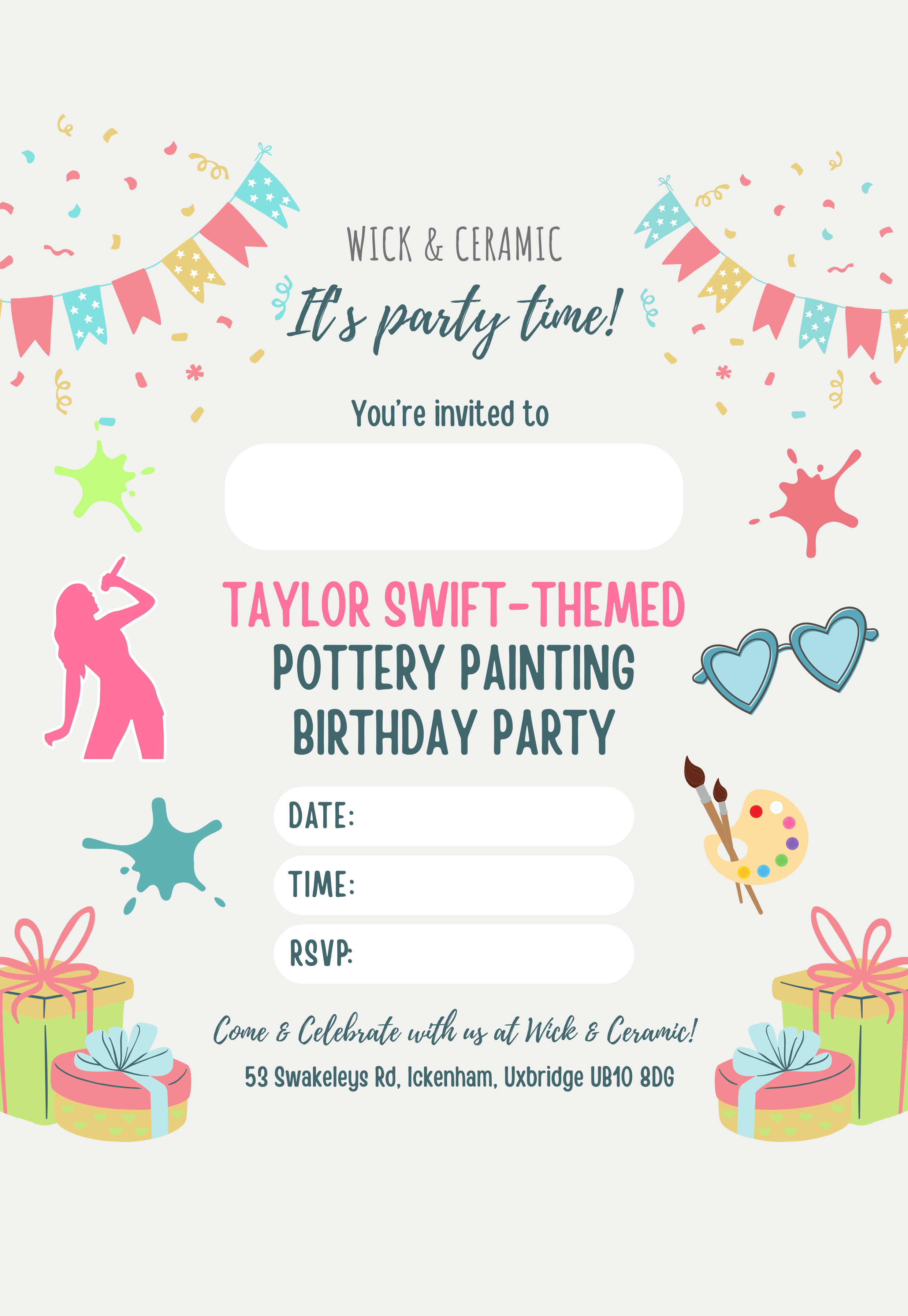 Taylor Swift-themed pottery painting birthday party invitation at Wick & Ceramic with colorful graphics and text.