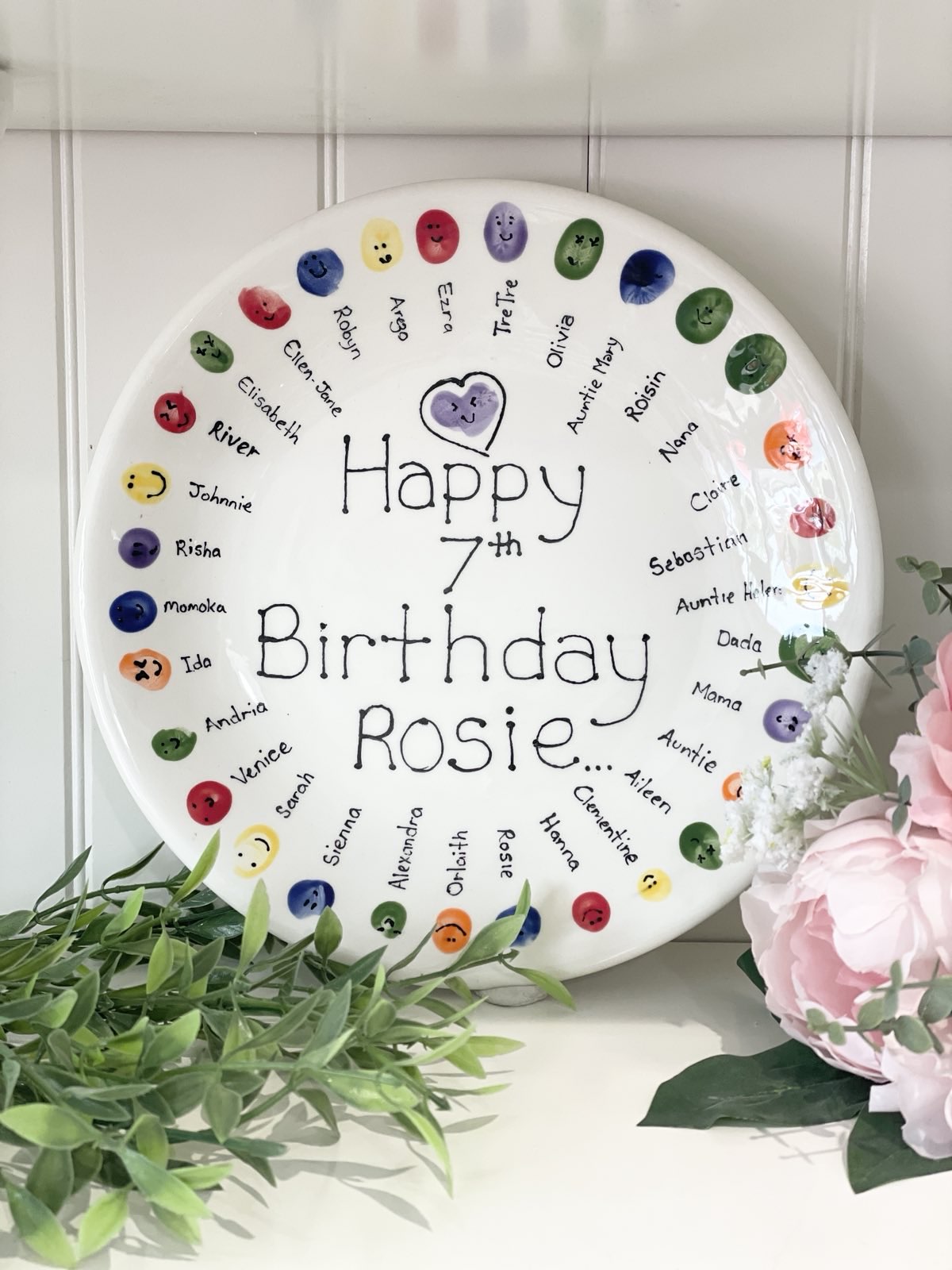 Round ceramic plate with 'Happy Birthday' text and colorful finerprints