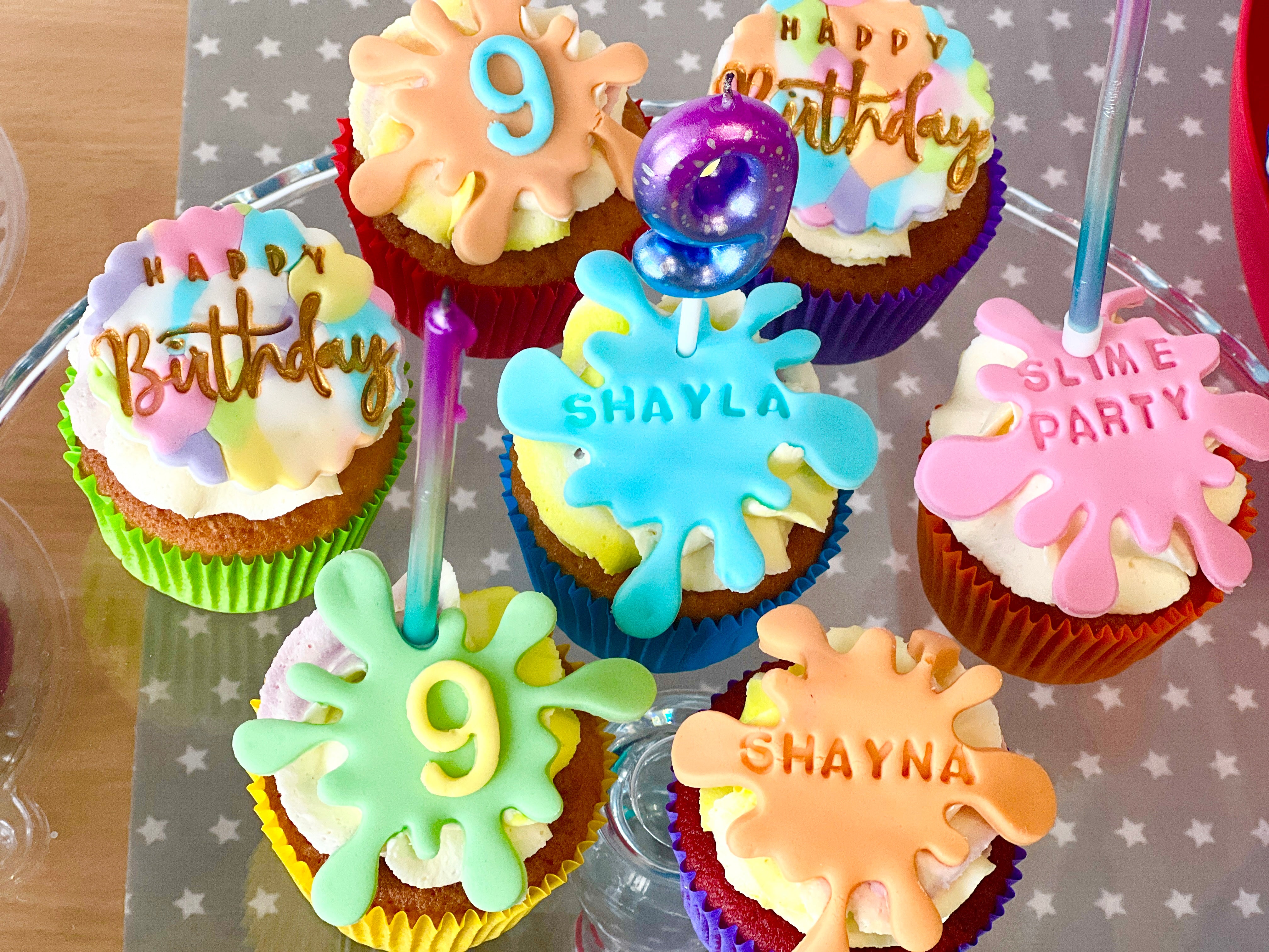 Slime designed birthday cupcakes with colorful icing and text at wick and ceramic london
